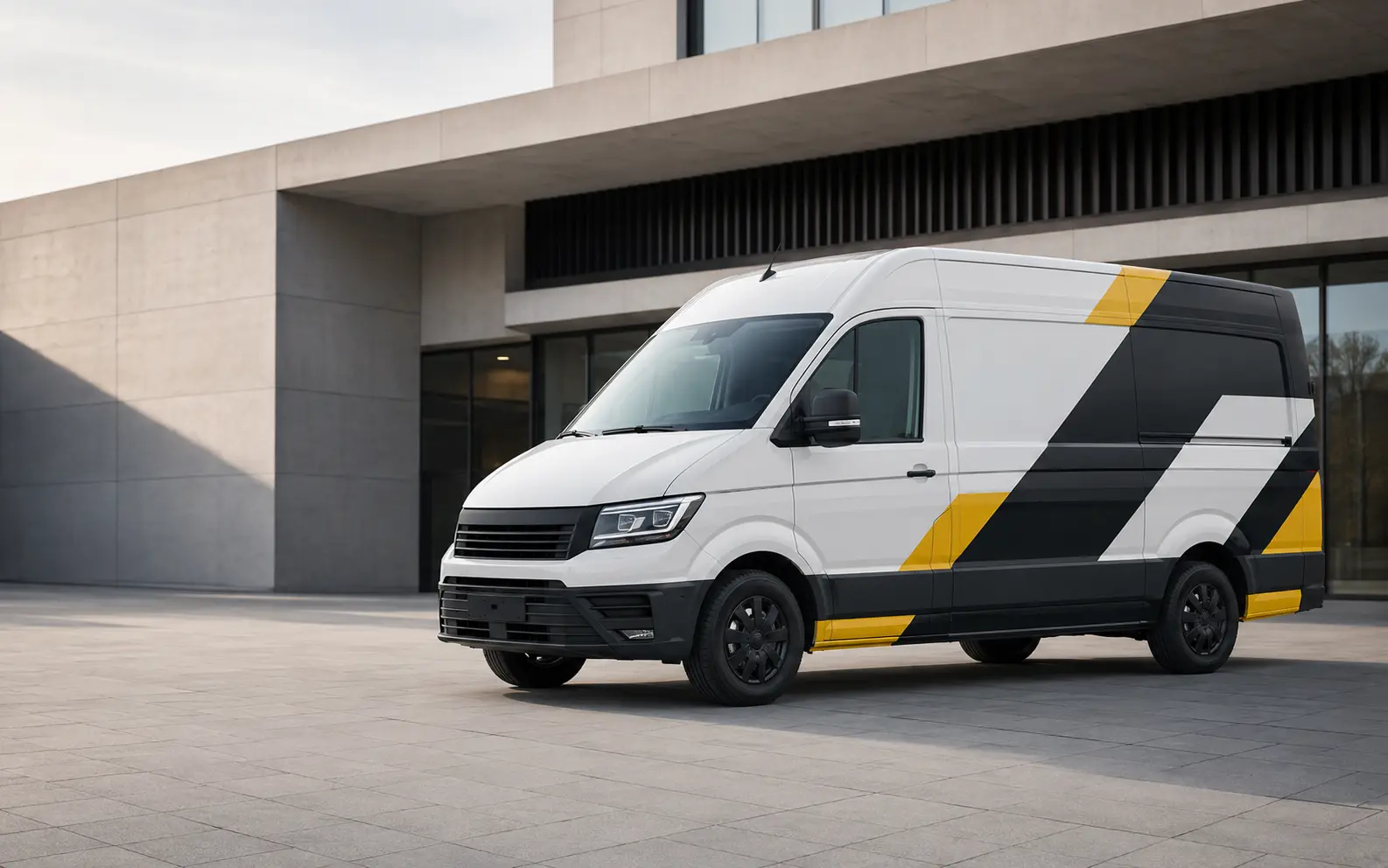 Dekorative Visualisierung eines neutralen Firmen-Transporters mit graphit-gelber geometrischer Werbegestaltung